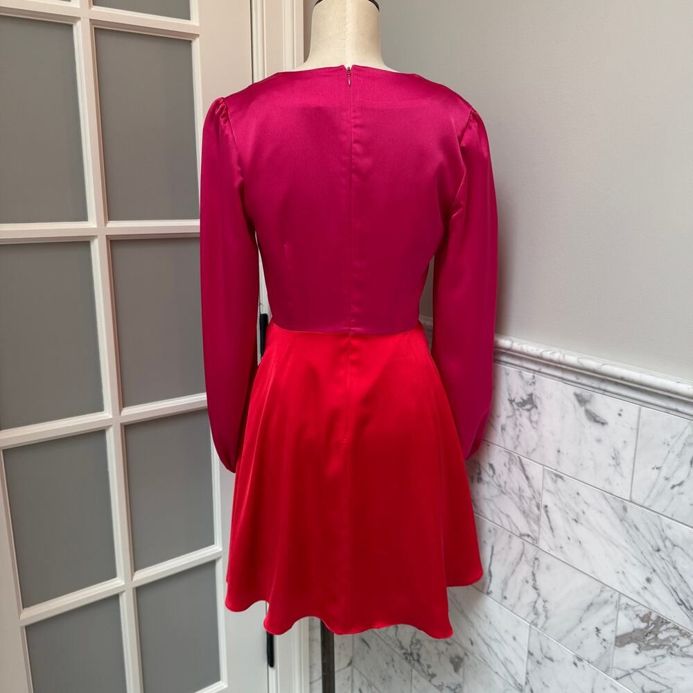 Milly Stella Satin Red Pink Colorblock Tie Waist Long Sleeve V-Neck Mini Dress 4 - Picture 3 of 8